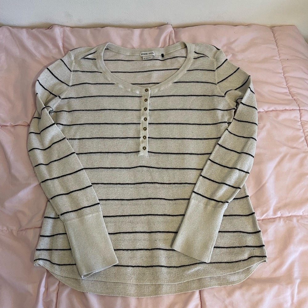 Prana Milani Henley Cream and Black Striped Long Sleeve Top casual boho bohemian